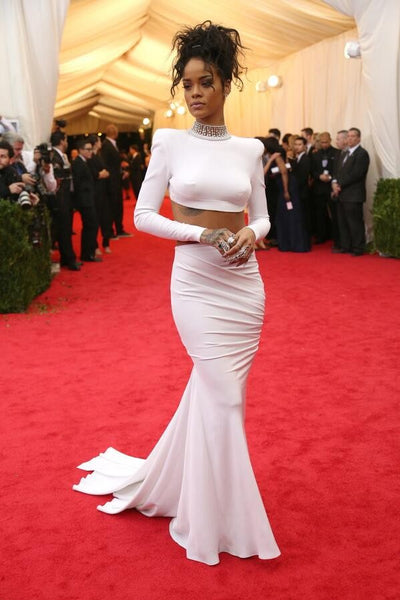 White Rihanna Sheath Two Piece Long Sleeves Dress High Neck Tight Prom Celebrity Red Carpet Evening Dress Met Gala