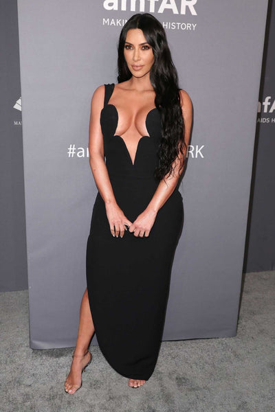 Black Kim Kardashian (Kim K) Low V Neck Dress Slit Prom Celebrity Evening Dress amfAR New York Gala