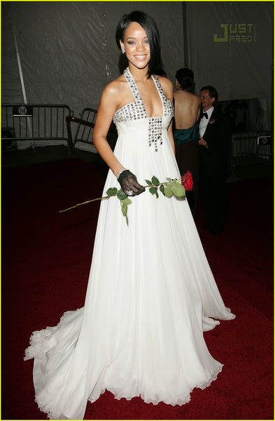 White Rihanna Halter Sparkly Dress Sequins Prom Celebrity Evening Red Carpet Dress Met Gala