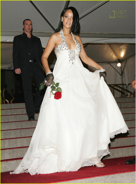 White Rihanna Halter Sparkly Dress Sequins Prom Celebrity Evening Red Carpet Dress Met Gala