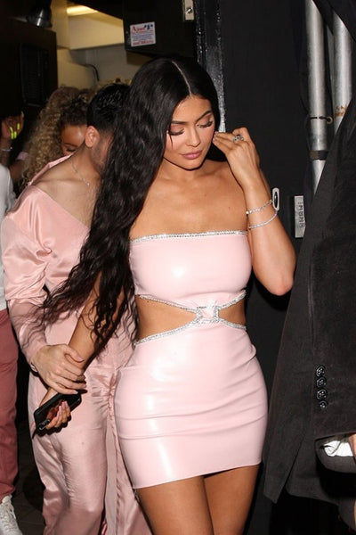 Pink Kylie Jenner Short Mini Cut Out Strapless Dress Sequins Prom Celebrity Dress Skin Care Launch 'Kylie Skin'