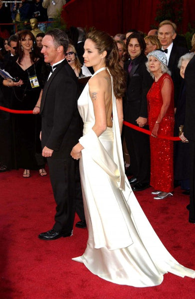 Ivory Angelina Jolie Halter V Neck Dress Satin Prom Celebrity Red Carpet Evening Gown Dress Oscars