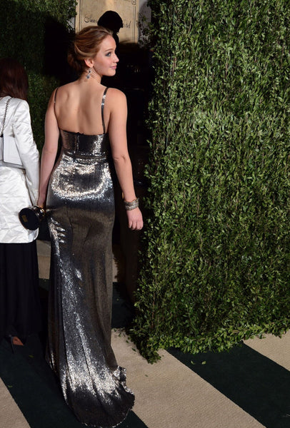 Slivery Jennifer Lawrence Spaghetti Straps Dress Sequin Prom Celebrity Formal Evening Dress Vanity Fair Oscar Party