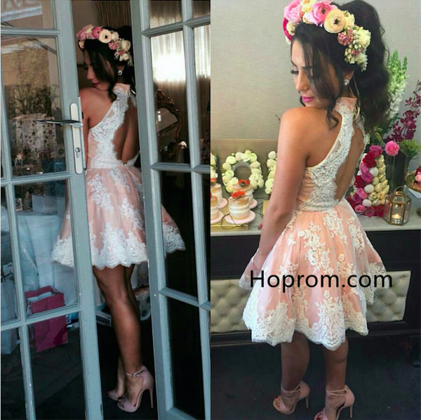 Cute Sleeveless Pink Lace Halter NeckHomecoming Dress
