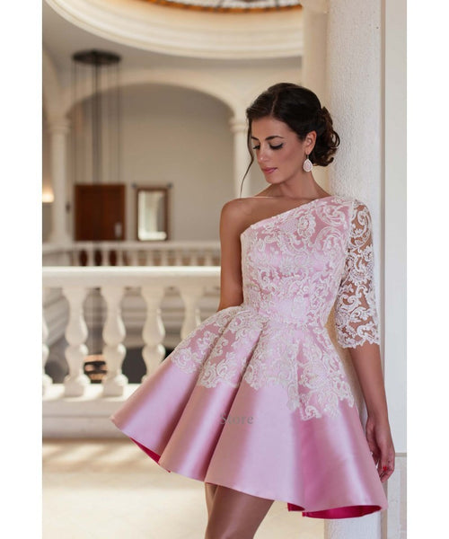 One Shoulder Prom Dresses,Pink Prom Dress,Lace Evening Dress