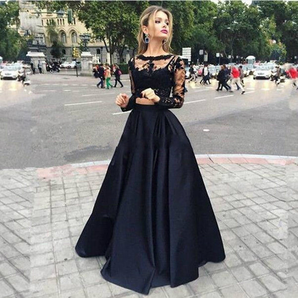 Long Sleeve Prom Dresses,Black Prom Dress,Lace Evening Dress