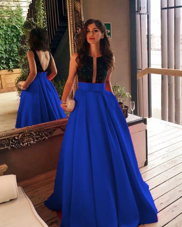Beaded Open Back Prom Dresses Top Bow Satin Long Prom Dress – Hoprom