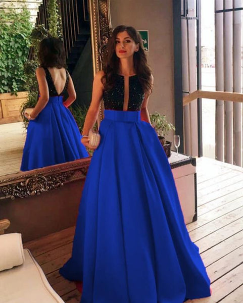 Beaded Open Back Prom Dresses Top Bow Satin Long Prom Dress
