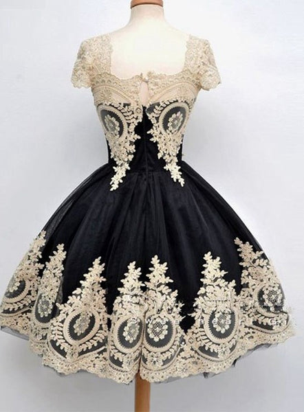 Applique Prom Dresses,Short Prom Dress,Black Evening Dress