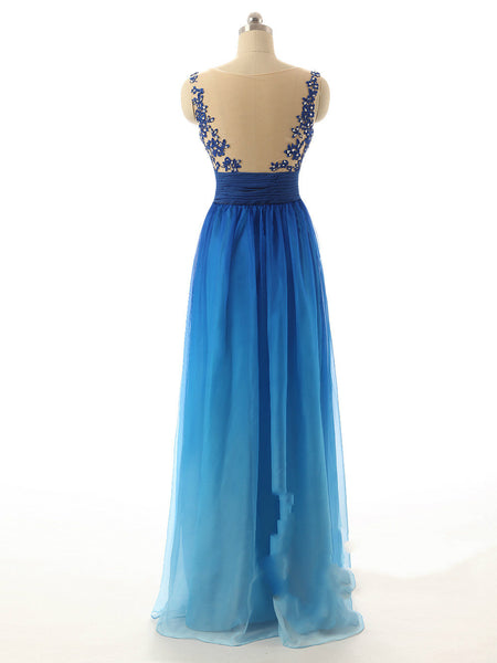 Ombre Blue Prom Dresses,Illusion Back Prom Dress,Beaded Evening Dress