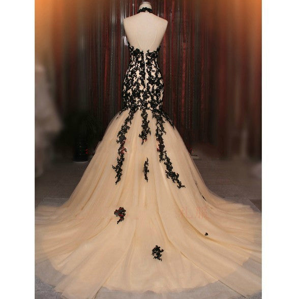 Mermaid Prom Dresses,Black Prom Dress,Applique Evening Dress