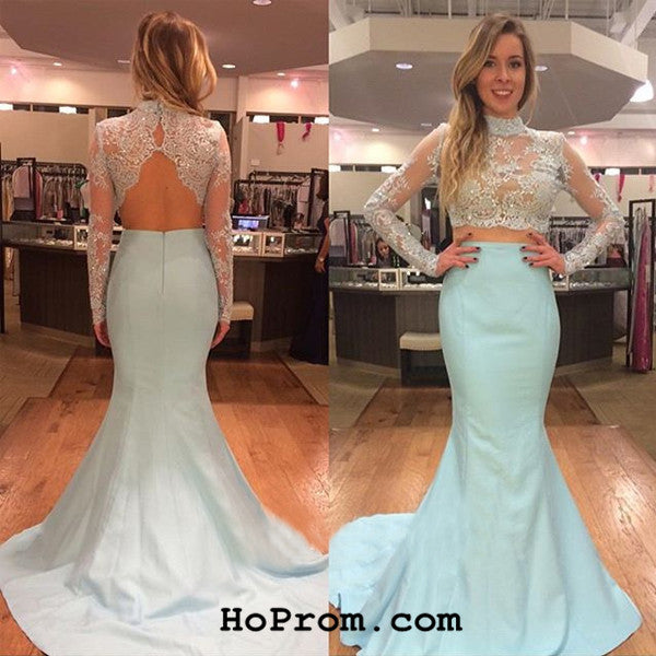 Long SleeveTwo Pieces Prom Dresses Lace Mermaid Prom Dresses Long Sleeve Evening Dress
