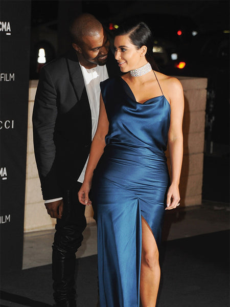 Royal Blue Kim Kardashian (Kim K) Dress Slit Satin Prom Celebrity Evening Dress LACMA Art+Film Gala