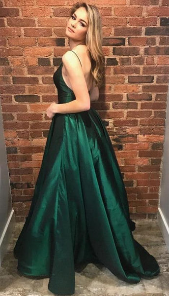 Simple Spaghetti Straps Prom Dresses Split V Neck Evening Dress 3 Colors