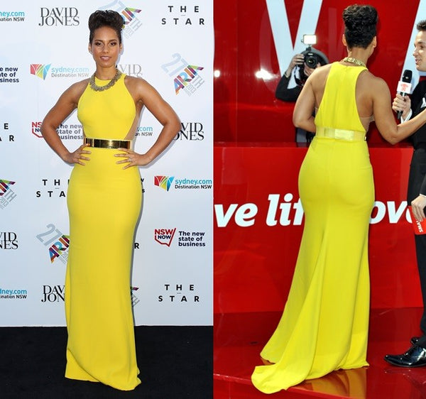 Yellow Alicia Keys Cutout Sheer Side Tight-fitting Dress Metal Belt Prom Red Carpet Evening Dress Aria Awards