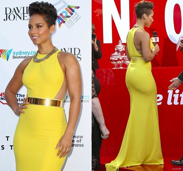 Yellow Alicia Keys Cutout Sheer Side Tight-fitting Dress Metal Belt Prom Red Carpet Evening Dress Aria Awards