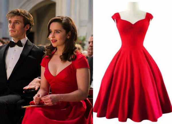 Emilia Clarke as Lou Clark Red Dress Short Prom Dress with Cap Sleeves from Me Before You