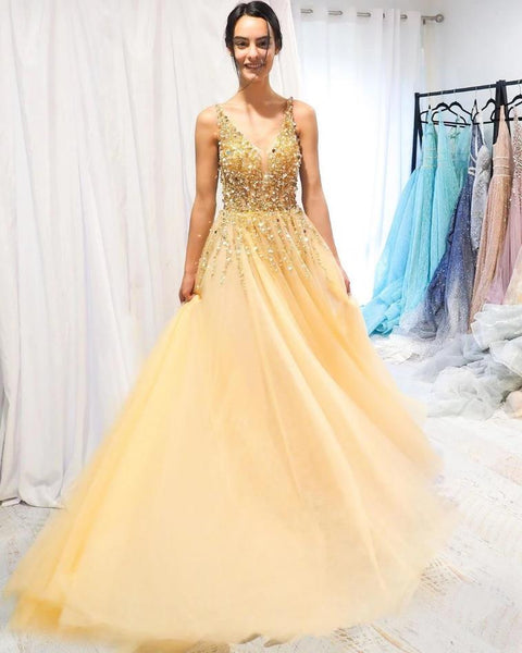 Elegant V Neck Yellow Beaded Prom Dresses Formal Evening Dress