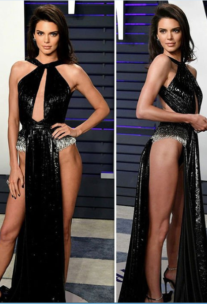 Black Kendall Jenner Sparkly Sexy Open Back Dress Slit Prom Celebrity Dress Vanity Fair Oscars Party