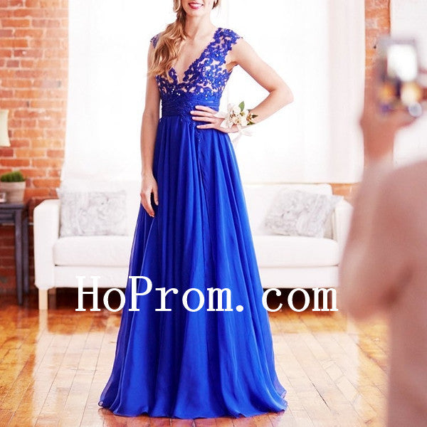 Applique Prom Dresses,Long Prom Dress,Blue Evening Dress