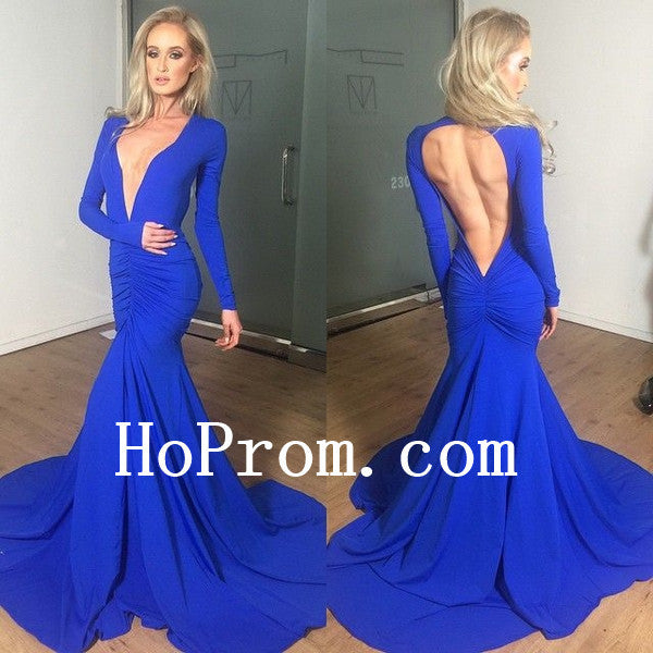 Deep V-Neck Prom Dresses,Blue Prom Dress,Evening Dress