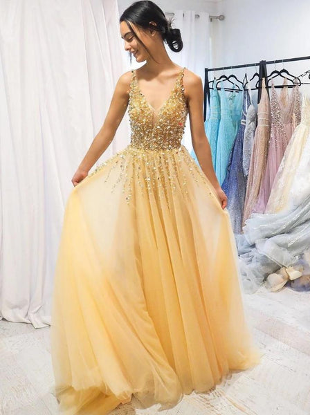 Elegant V Neck Yellow Beaded Prom Dresses Formal Evening Dress