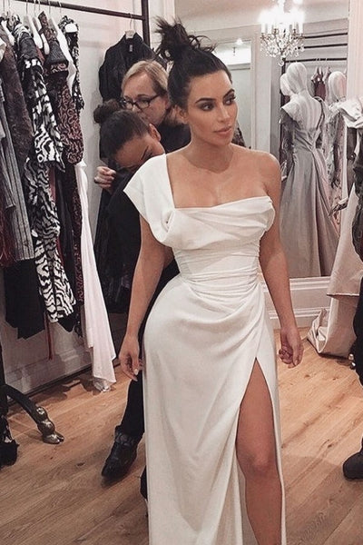 White Kim Kardashian Slit One Shoulder Dress Empire Waist Prom Best Red Carpet Dress La Traviata Premiere