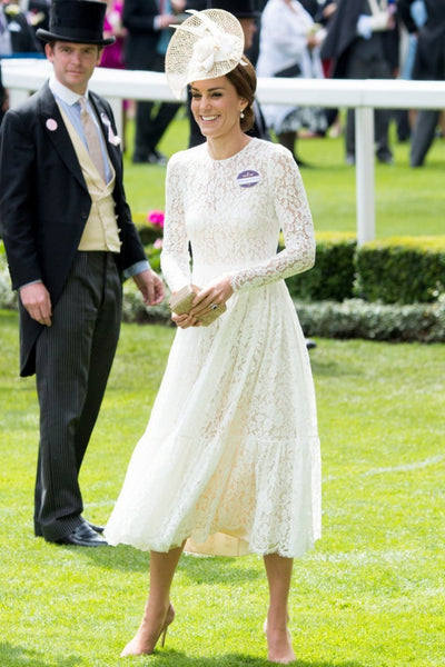 White Princess Kate Middleton Lace Cocktail Dress Knee Length Prom Celebrity Dress Royal Ascot