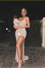 Champagne Kylie Jenner Glitter Sparkly Sequin Dress Slit Prom Celebrit   Hoprom