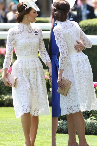 White Princess Kate Middleton Lace Cocktail Dress Knee Length Prom Celebrity Dress Royal Ascot