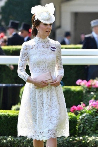 White Princess Kate Middleton Lace Cocktail Dress Knee Length Prom Celebrity Dress Royal Ascot