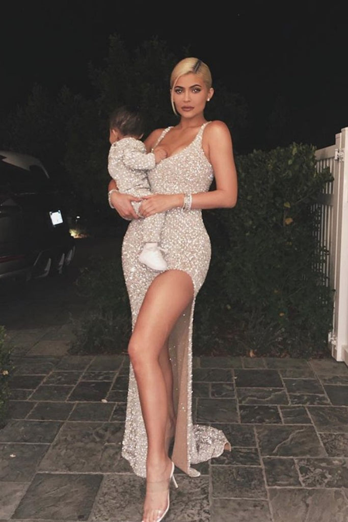 Champagne Kylie Jenner Glitter Sparkly Sequin Dress Slit Prom Celebrit Hoprom Champagne Kylie Jenner Glitter Sparkly Sequin Dress Slit Prom Celebrit Hoprom