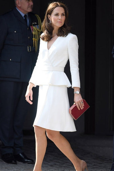 White Princess Kate Middleton Peplum V Neck Long Sleeves Dress Knee Length Prom Celebrity Dress Poland Tour