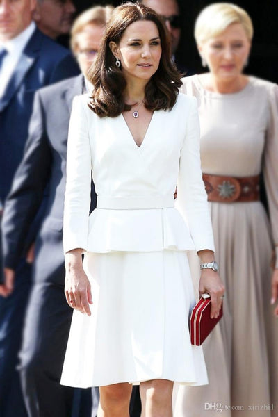 White Princess Kate Middleton Peplum V Neck Long Sleeves Dress Knee Length Prom Celebrity Dress Poland Tour