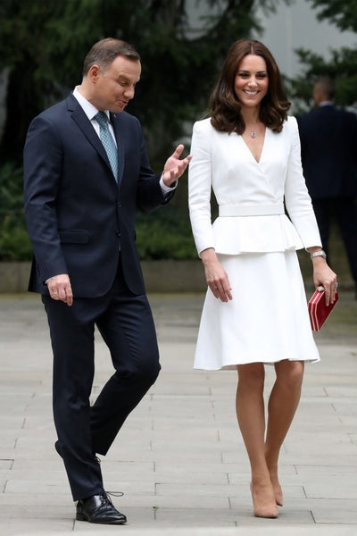 White Princess Kate Middleton Peplum V Neck Long Sleeves Dress Knee Length Prom Celebrity Dress Poland Tour