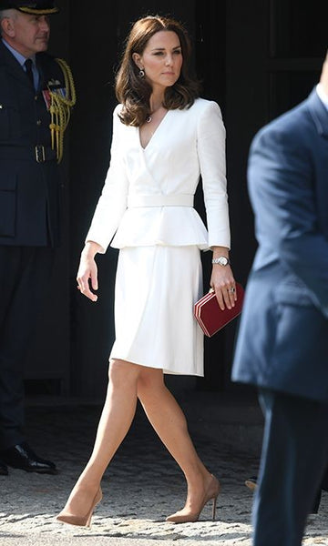 White Princess Kate Middleton Peplum V Neck Long Sleeves Dress Knee Length Prom Celebrity Dress Poland Tour