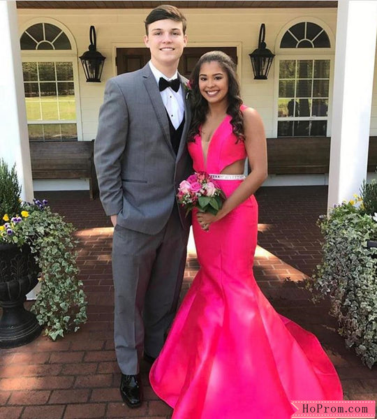 Red Deep V neck Prom Dresses with Open Back
