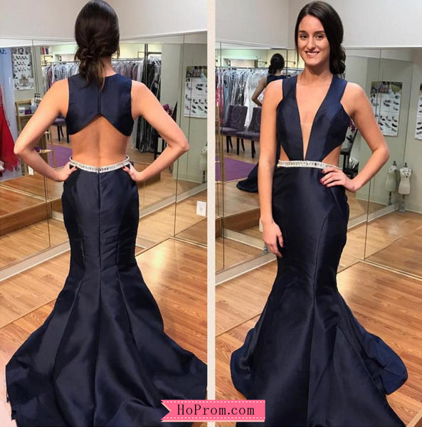 Black Deep V neck Prom Dress with Open Back