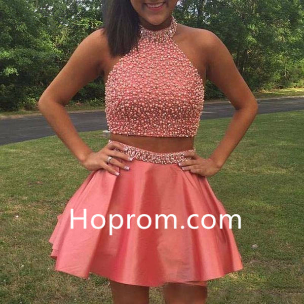 Beaded Glitter Dress for Girls Coral Two Pieces Homecoming Dresses Satin Short Cocktail Dress