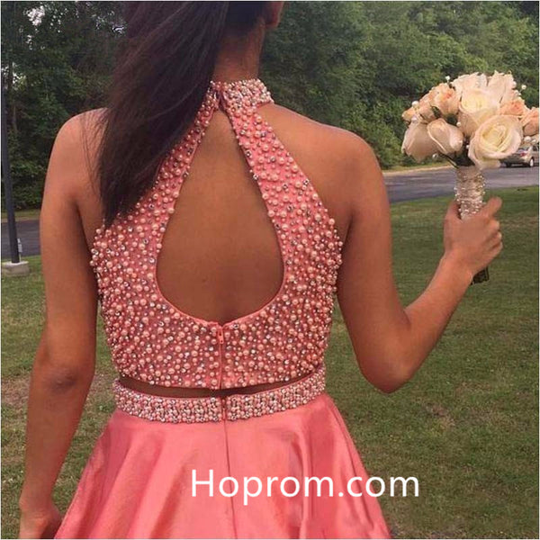 Beaded Glitter Dress for Girls Coral Two Pieces Homecoming Dresses Satin Short Cocktail Dress
