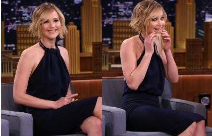 Black Jennifer Lawrence Halter Dress Open Back Prom Celebrity Inspired Party Dress on Jimmy Fallon