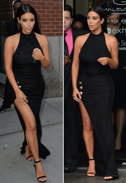 Black Kim Kardashian (Kim K) Sexy High Slit Dress Backless Prom Celebrity Evening Dress Khloe Birthday
