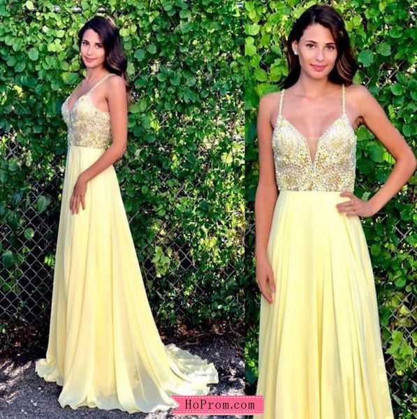Yellow Open Back Beaded Bodice Prom Dresses Evening Dress