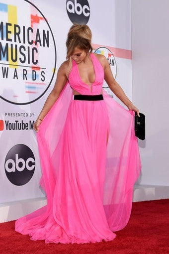 Pink Jennifer Lopez (JLo) V Neck Dress Slit Prom Celebrity Red Carpet Dress AMA
