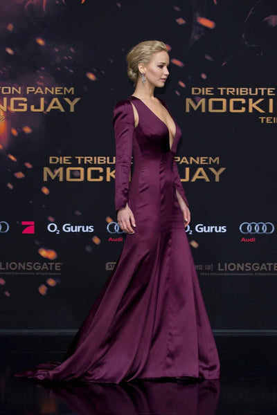 Purple Jennifer Lawrence Deep Plunging Cutout Long Sleeve Prom Celebrity Formal Dress ‘The Hunger Games Mockingjay Part 2’ Berlin Premiere