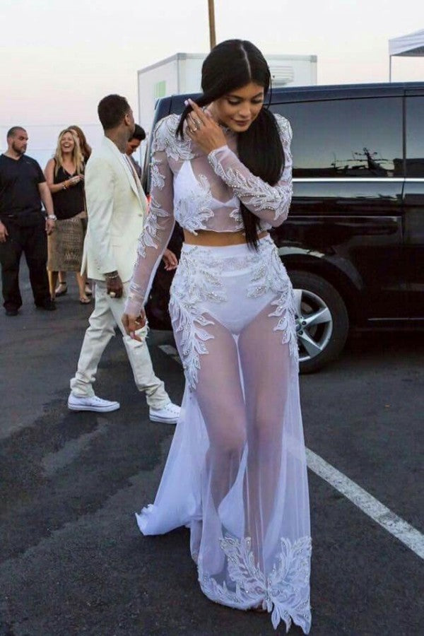 White Kylie Jenner Sexy Sheer Tulle Dress Long Sleeves Prom Celebrity –  Hoprom