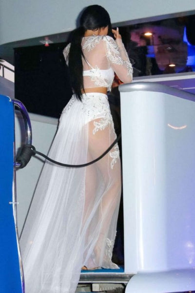 White Kylie Jenner Sexy Sheer Tulle Dress Long Sleeves Prom Celebrity Dress DailyMail Yacht Party in Cannes