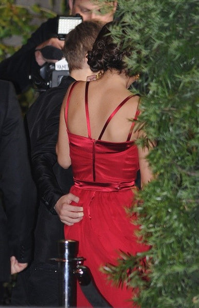 Red Selena Gomez V Neck Dress Chiffon Prom Celebrity Red Carpet Formal Dress Oscars Party