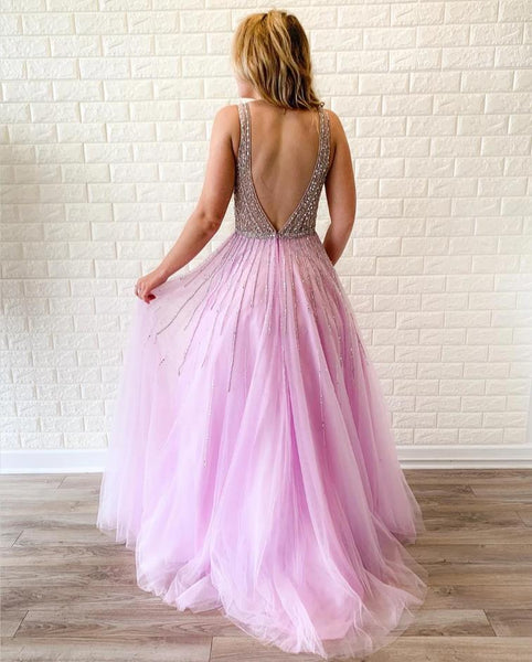 Tulle Sexy Pink Prom Dresses A Line Formal Evening Dress