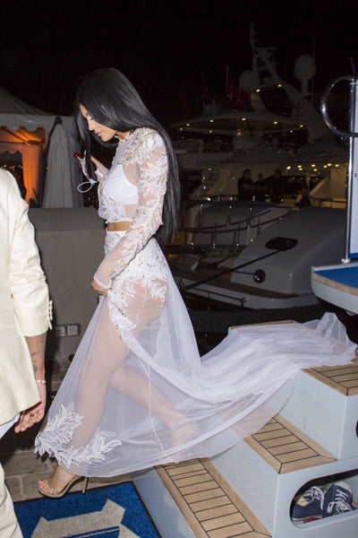 White Kylie Jenner Sexy Sheer Tulle Dress Long Sleeves Prom Celebrity Dress DailyMail Yacht Party in Cannes